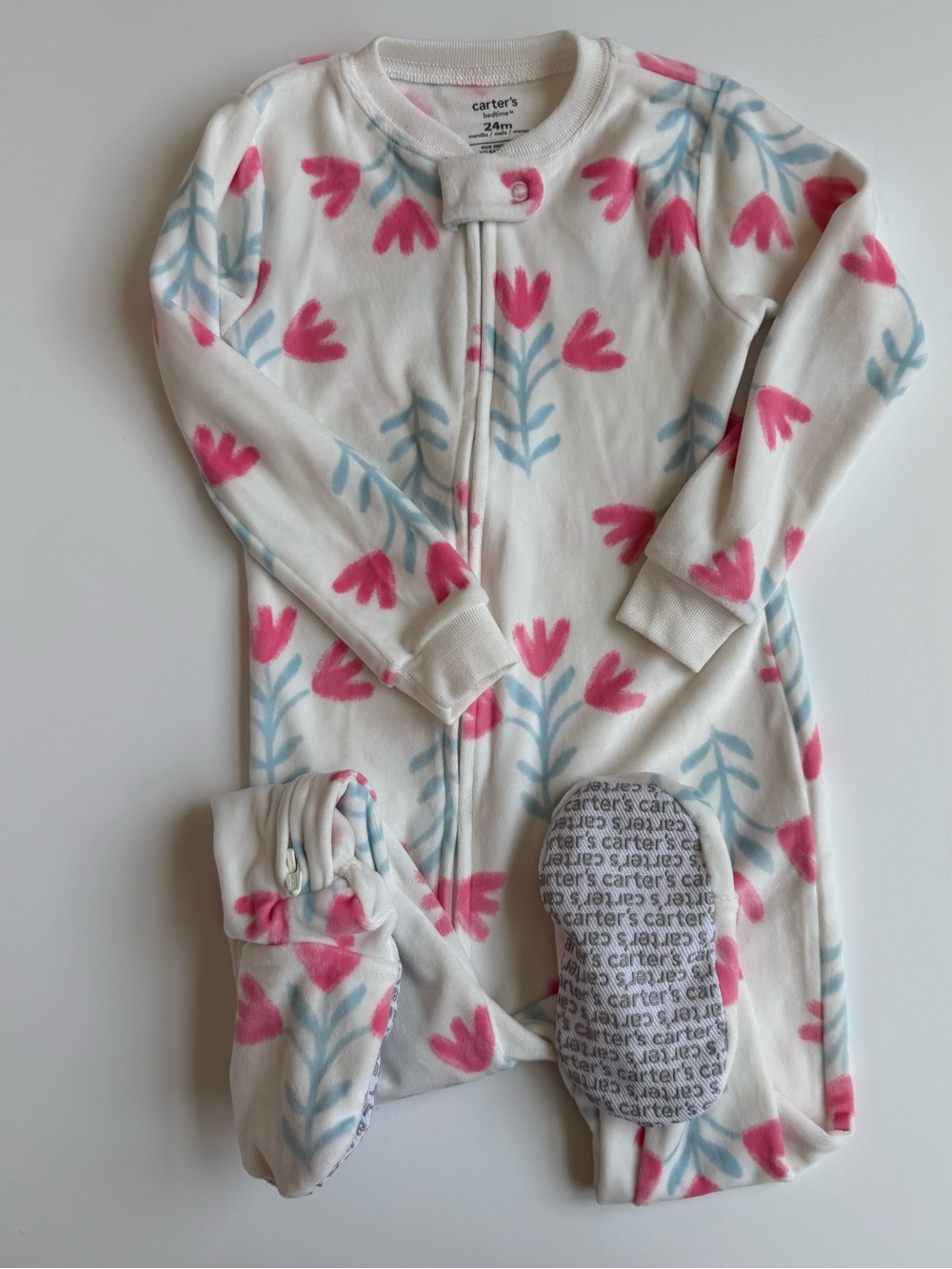 Carter's White Fleece Footed One-Piece with Pink & Light Blue Floral Print